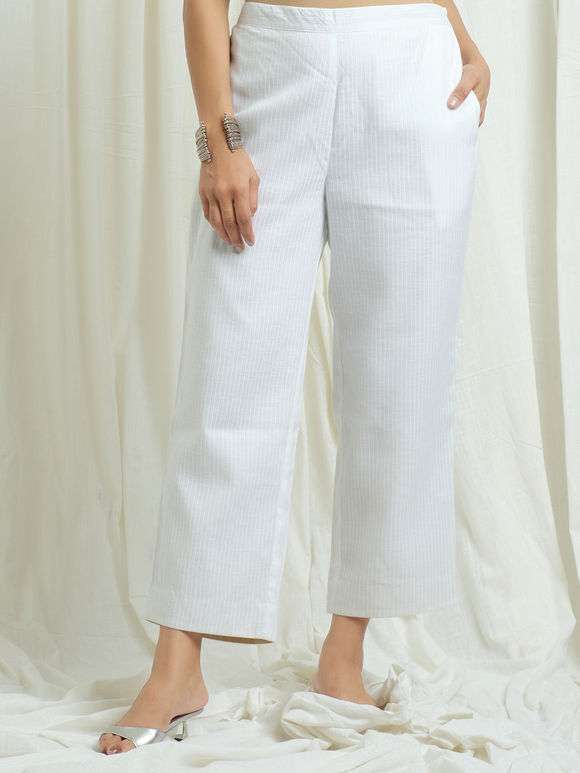 White Striped Cotton Blend Pants