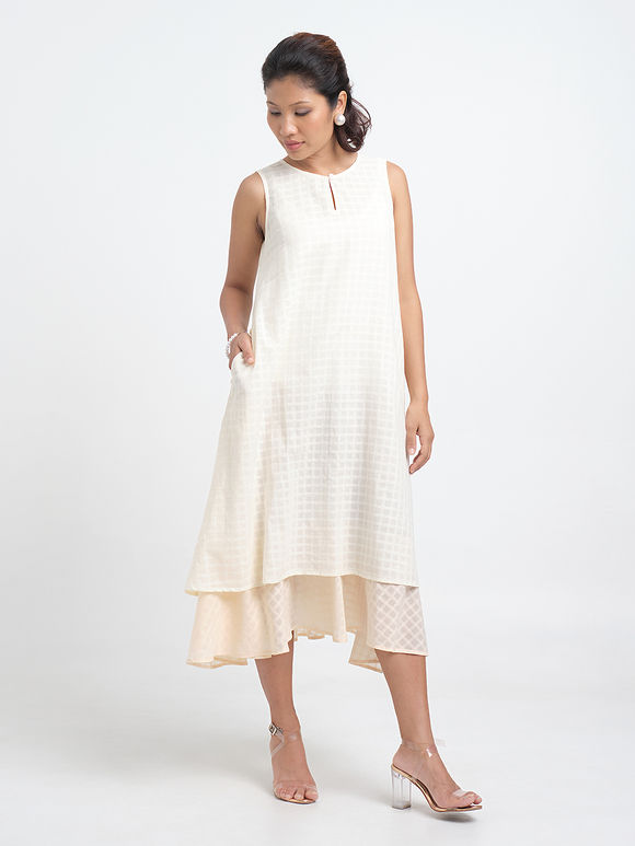Ivory Checkerd Cotton Dobby Dress