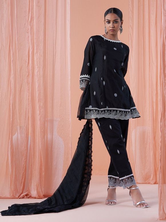 Black Lace Work Chanderi Kurta with Pants- Set of 2