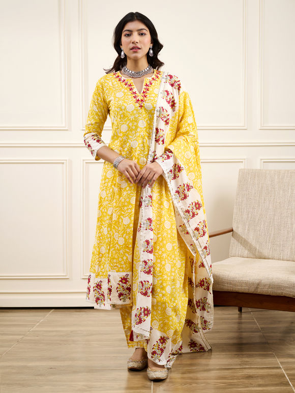 Yellow Printed Cotton Suit Set