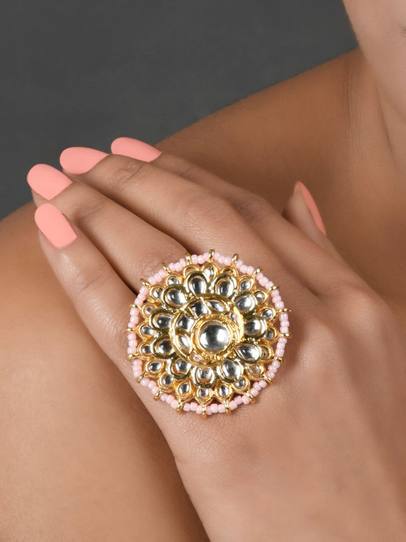 Gold Toned Handcrafted Copper Alloy Kundan Ring