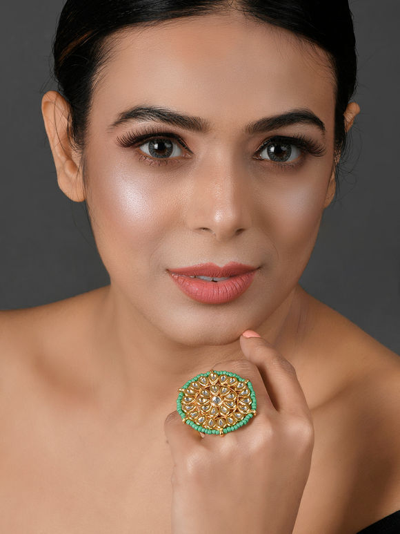 Green Handcrafted Kundan Copper Alloy Ring