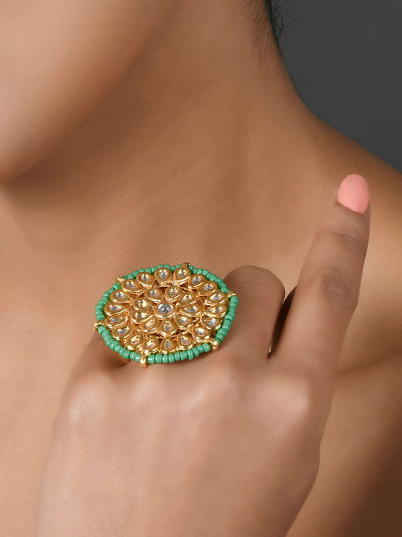 Green Handcrafted Kundan Copper Alloy Ring