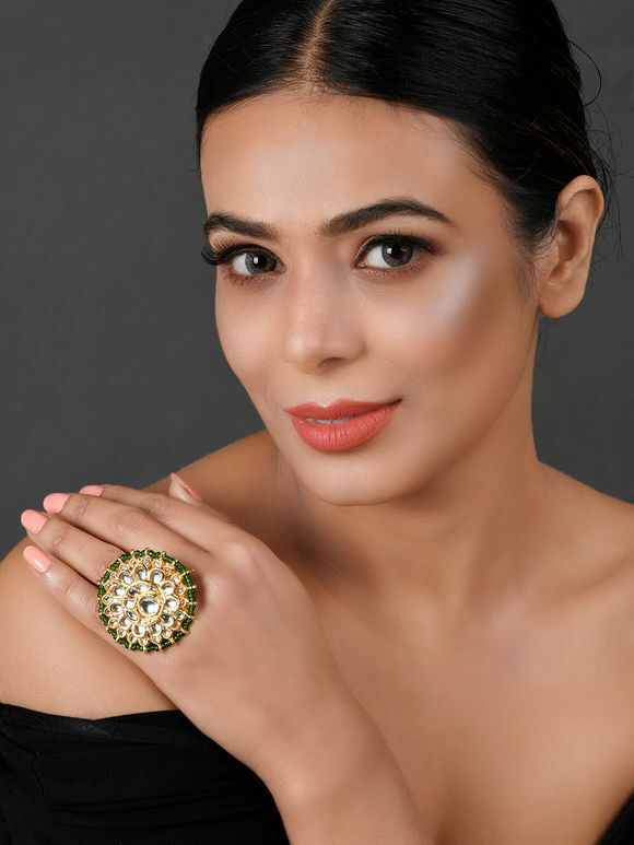 Gold Toned Green Handcrafted Copper Alloy Kundan Ring