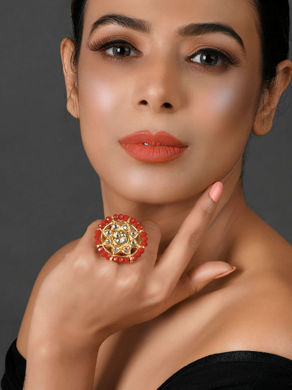 Gold Toned Red Handcrafted Copper Alloy Kundan Ring