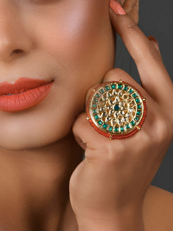 Green Red Handcrafted Copper Alloy Kundan Ring