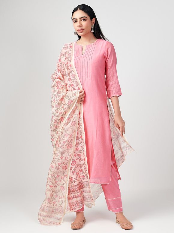 Pink Lace Chanderi Suit- Set of 3