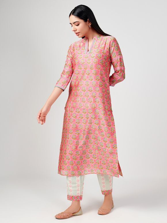 Pink Hand Block Printed Chanderi Suit- Set of 3