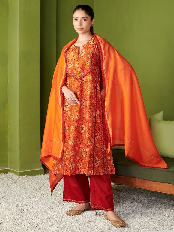 Orange Hand Block Printed Chanderi Suit- Set of 3