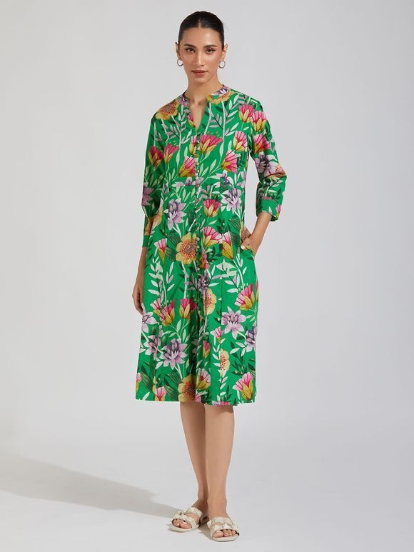 Green Pink Floral Printed Cotton A- Line Dress with Belt
