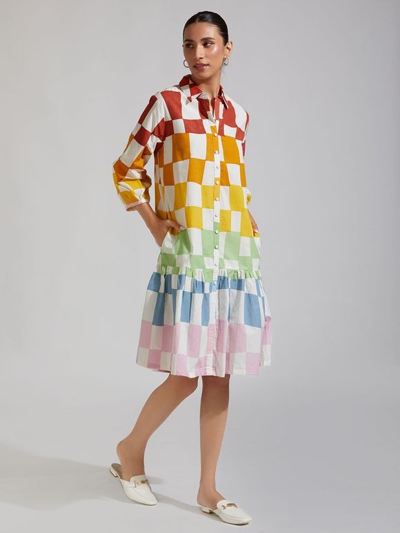 Multicolor Printed Cotton Tiered Dress with Belt