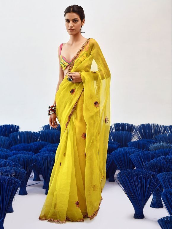 Yellow Embroidered Organza Saree