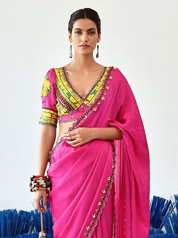 Pink Embroidered Satin Organza Saree