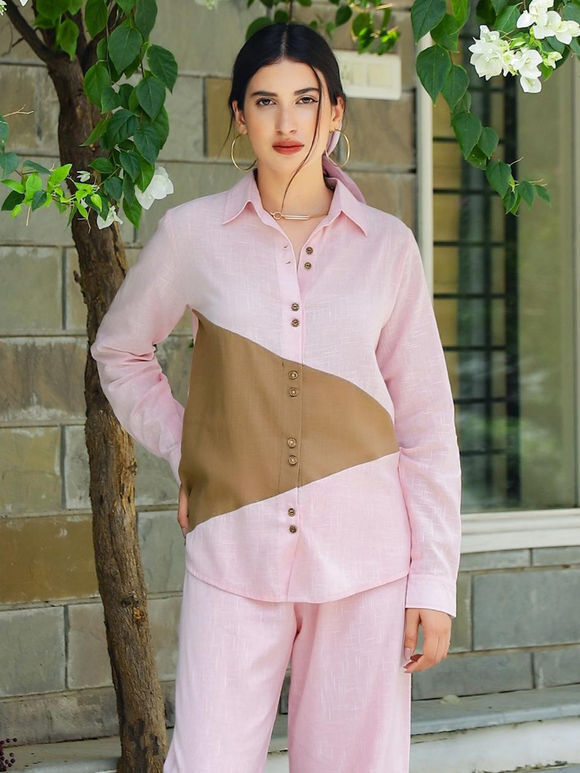 Pink Brown Cotton Slub Shirt
