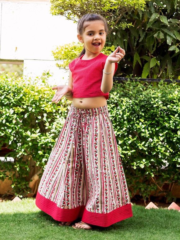 Red Yarn Dyed Cotton Crop Top with White Hand Block Printed Skirt - Set of 2