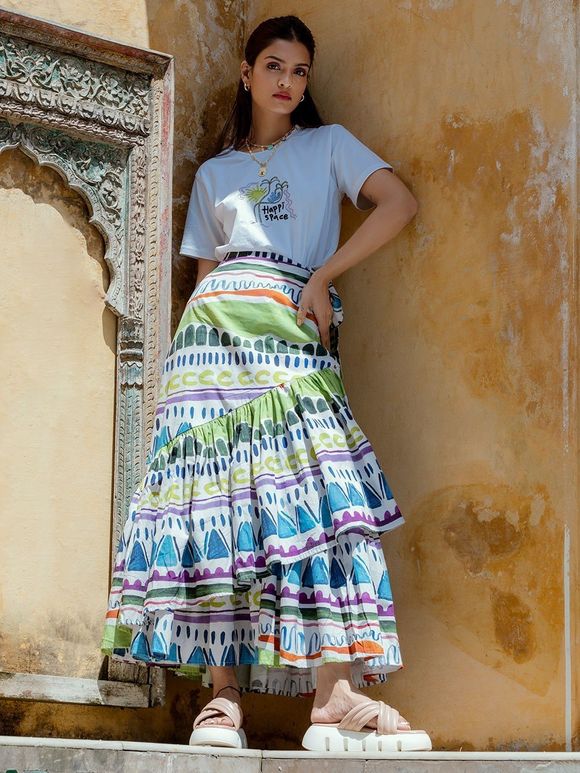 Multicolor Printed Cotton Poplin Skirt