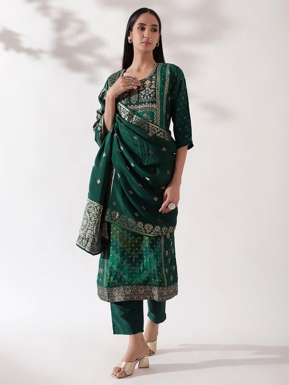 Green Embroidered Crepe Silk Jacquard Suit- Set of 3