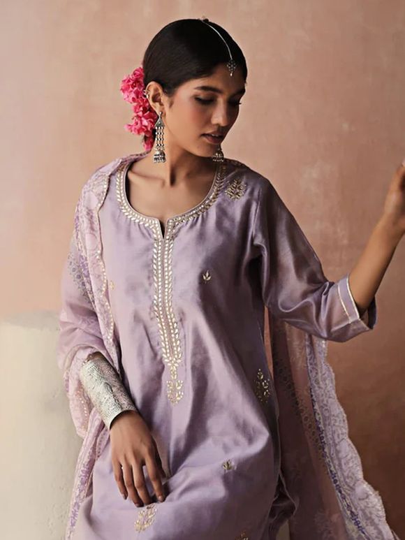 Lilac Embroidered Chanderi Suit- Set of 3