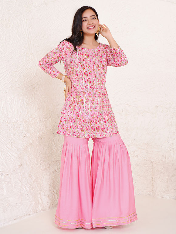 Pink Hand Block Printed Cotton Kurta with Sharara- Set of 2