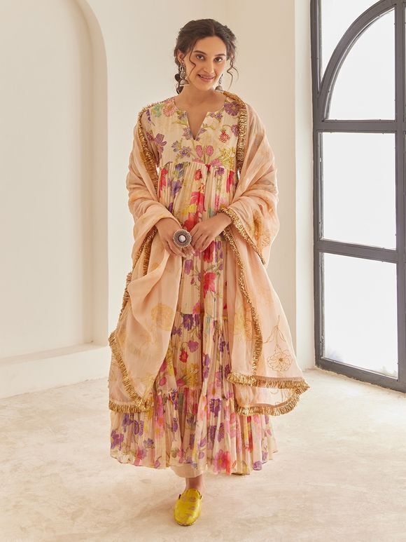 Peach Printed Chanderi Hand Embroidered Suit - Set of 3