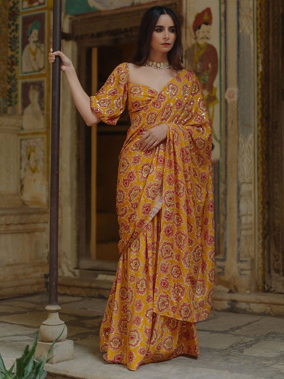 Mustard Yellow Pink Printed Crepe Embroidered Pre Draped Saree with Blouse - Set of 2