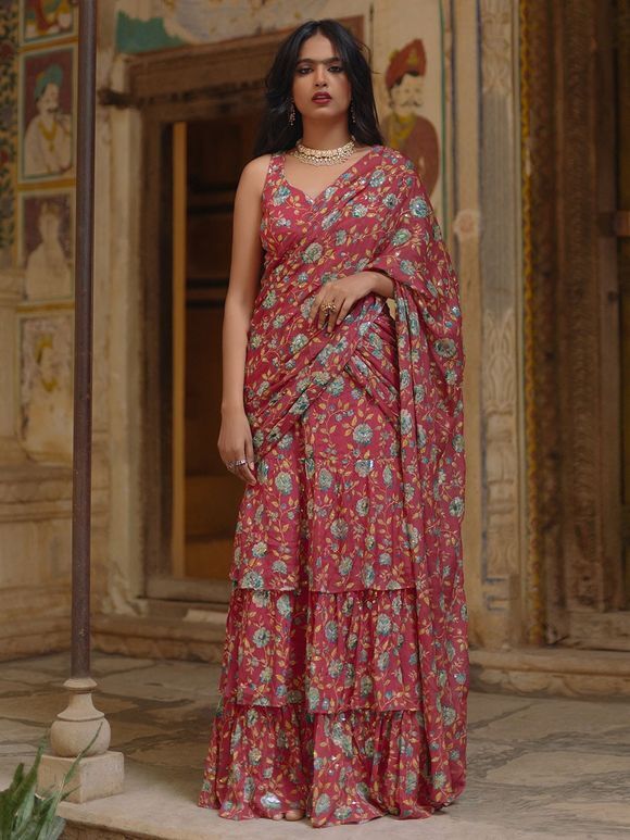 Pink Blue Printed Crepe Embroidered Pre Draped Saree with Blouse - Set of 2