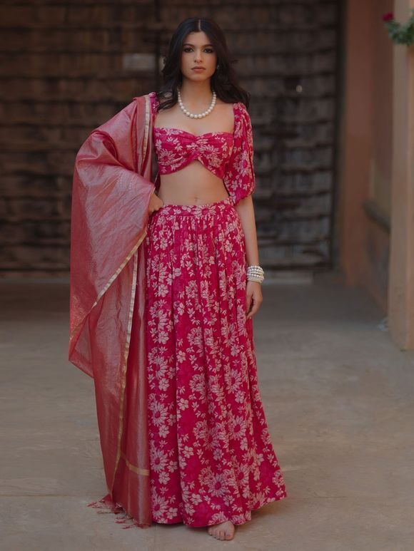 Pink White Printed Cotton Modal Blouse with Lehenga and Organza Dupatta - Set of 3