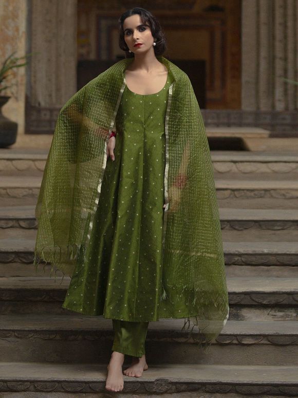 Green Brocade Anarkali kurta with Silk Blend Pants and Zari Organza Dupatta - Set of 3