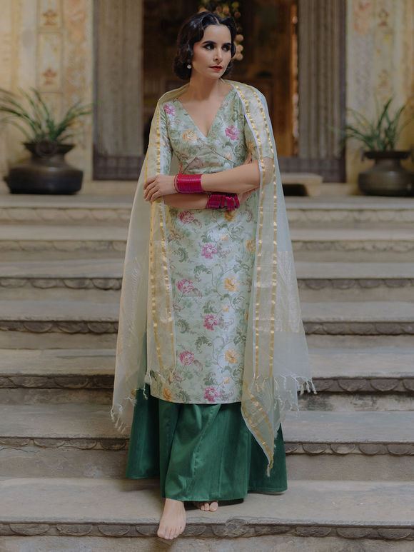 Pista Green Printed Silk Blend Embroidered Suit with Zari Organza Dupatta - Set of 3