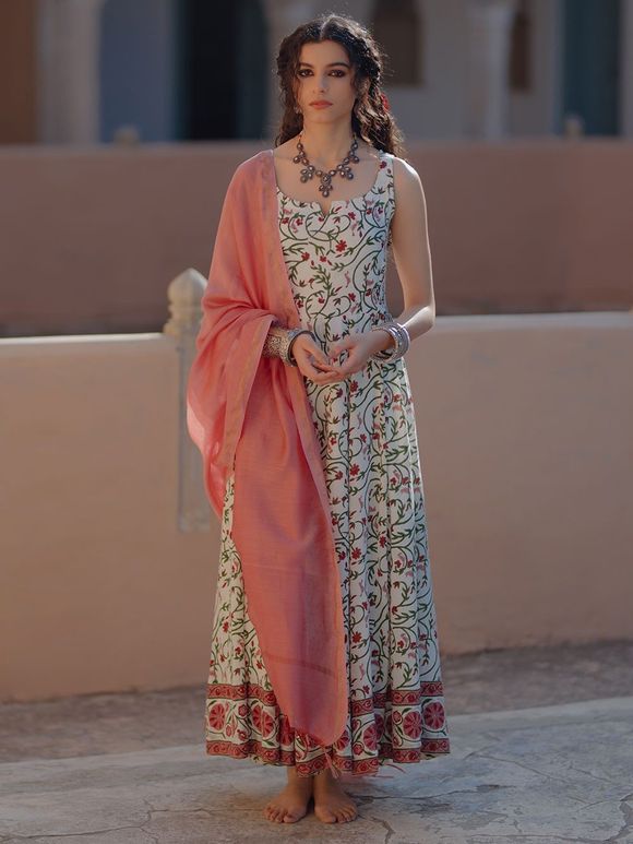 Cream Pink Hand Block Printed Muslin Anarkali Suit with Chanderi Dupatta - Set of 3