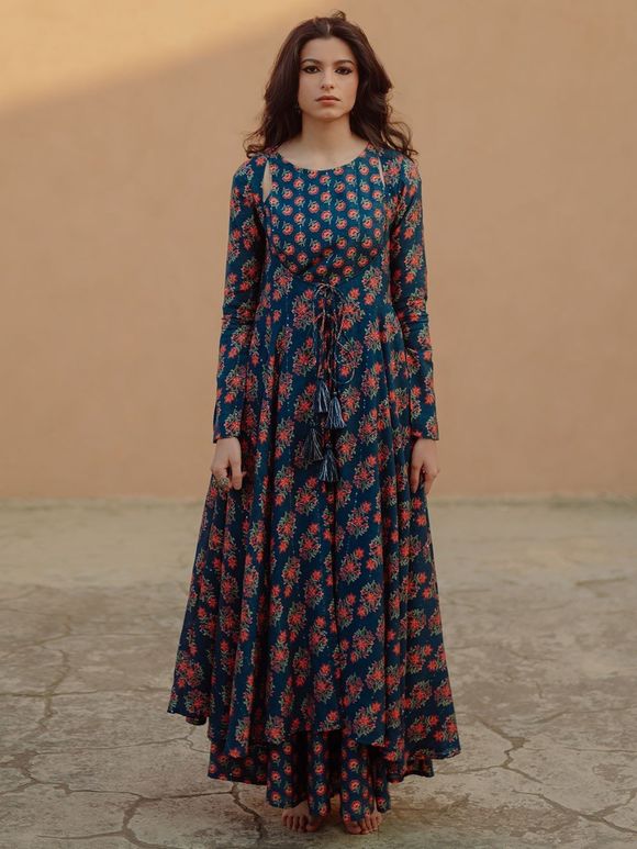Blue Orange Printed Muslin Top with Embroidered Anakali Jacket and Skirt - Set of 3