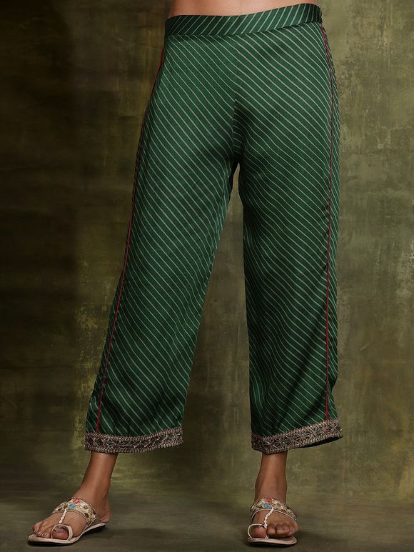 Green Striped Satin Embroidered Pants