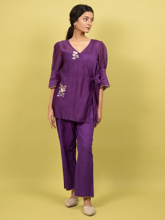 Purple Hand Embroidered Cotton  Silk Co-ord Set- Set of 2