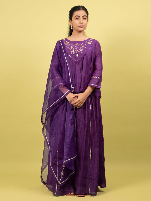 Purple Hand Embriodered Cotton Silk Top with Skirt and Dupatta- Set of 3