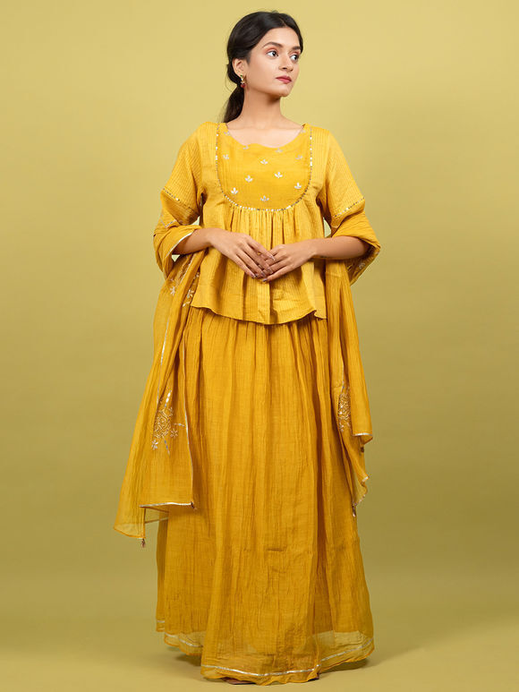 Musatrd Yellow Hand Embroidered Silk Top with Skirt and Dupatta- Set of 3
