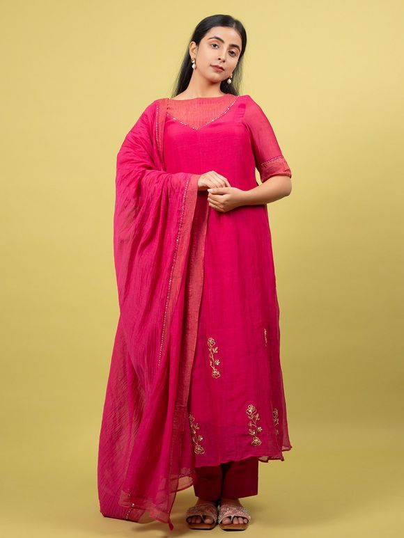 Pink Hand Embroidered Cotton Silk Suit- Set of 3