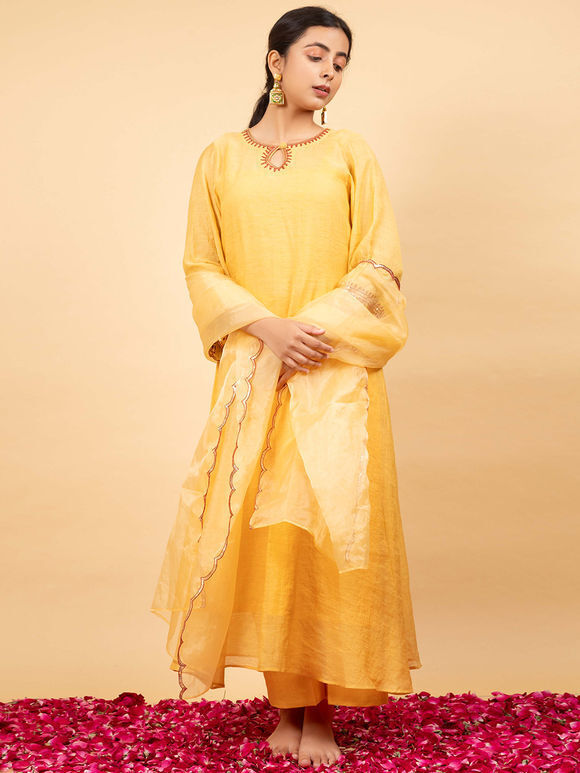 Yellow Hand Embroidered Tissue Silk Suit- Set of 3