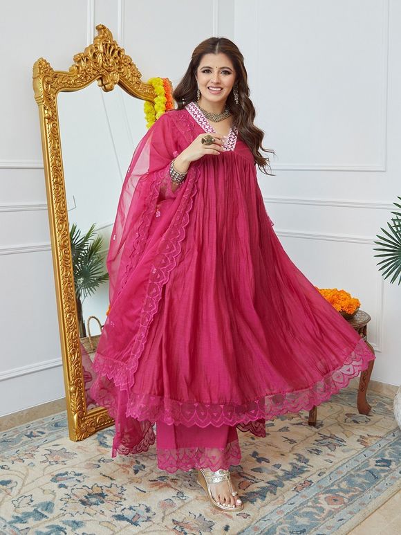 Pink Embroidered Chanderi Gathered Kurta with Cotton Pants - Set of 2