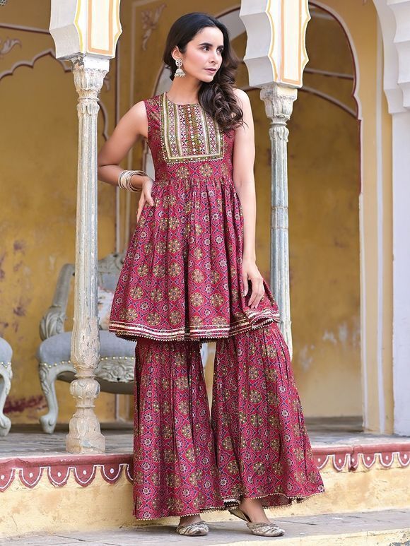 Maroon Printed Muslin Embroidered Peplum Sharara Suit with Stole- Set of 3
