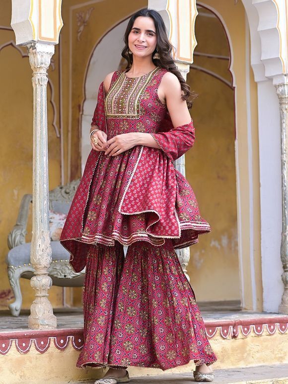 Maroon Printed Muslin Embroidered Peplum Sharara Suit with Stole- Set of 3