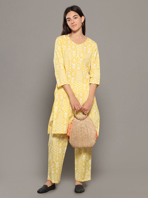 Yellow Printed Cotton Kurta with Pants - Set of 2