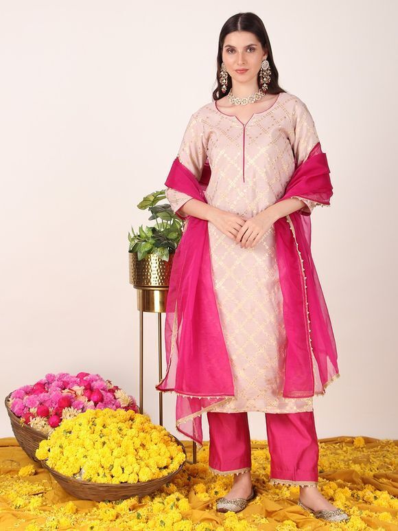 Pink Zari Chanderi Suit- Set of 3