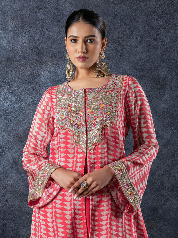 Red Hand Embroidered Organza Printed Kurta with Palazzo- Set of 2