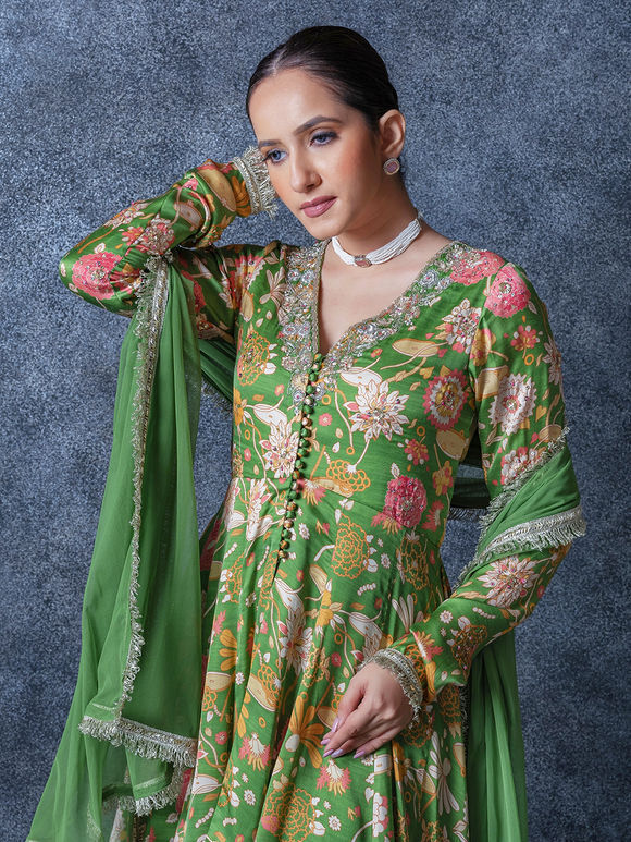 Green Printed Modal Silk Hand Embroidered Sharara Suit- Set of 3
