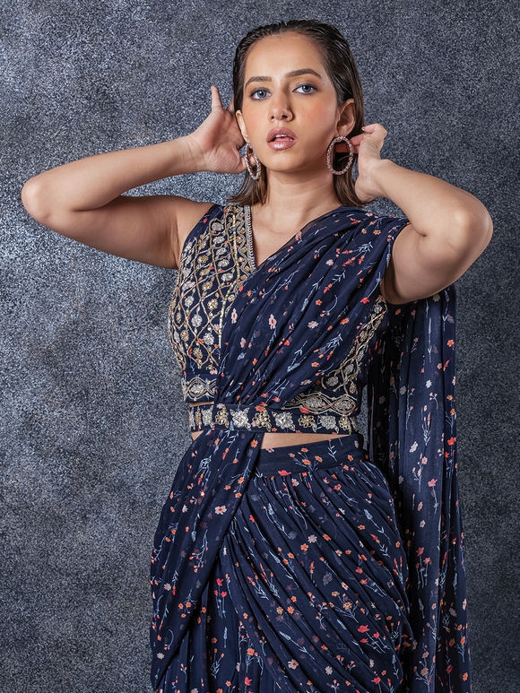 Navy Blue Printed Georgette Pre-Drapped Saree with Hand Embroidered Blouse and Belt- Set of 3