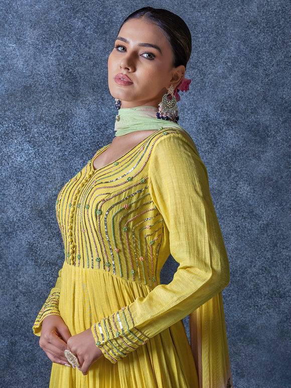 Lemon Yellow Hand Embroidered Linen Silk Dress with Dupatta- Set of 2