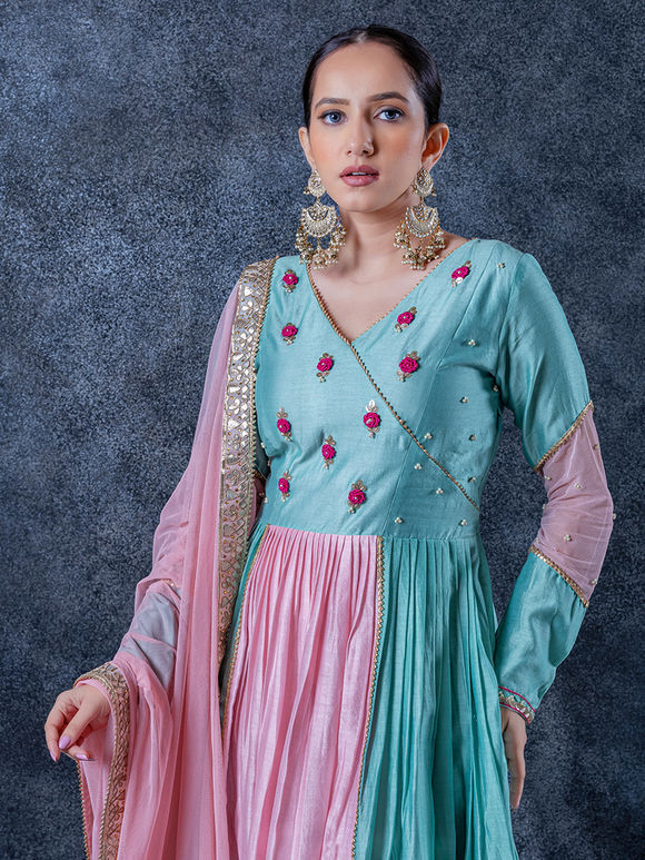 Sky Blue Pink hand Embroidered Chanderi Dress with Dupatta- Set of 2