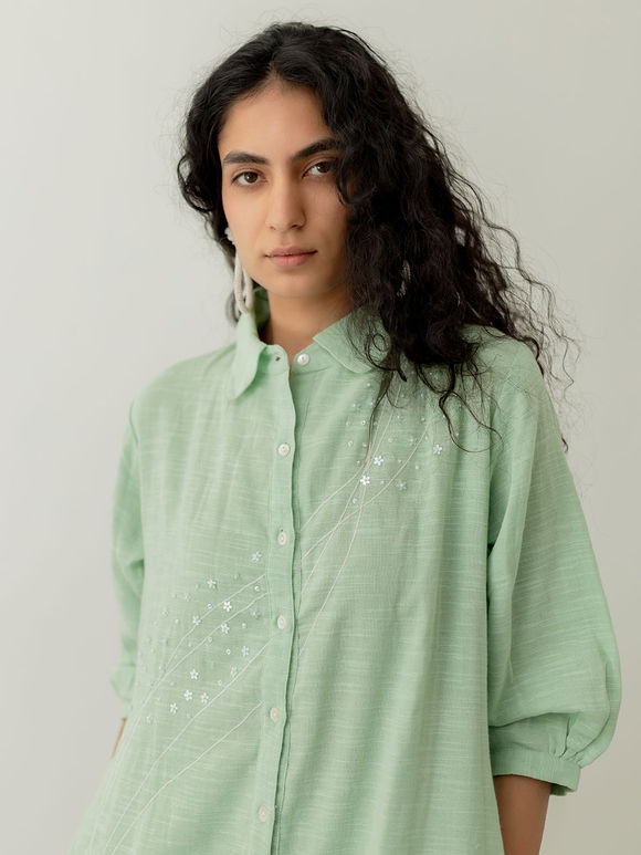 Mint Green Embroidered Cotton Tunic with Pants- Set of 2