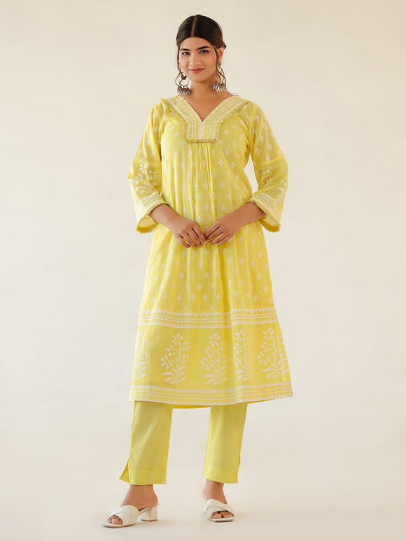 Yellow Printed Mulmul Kurta with Slip and Pants - Set of 2