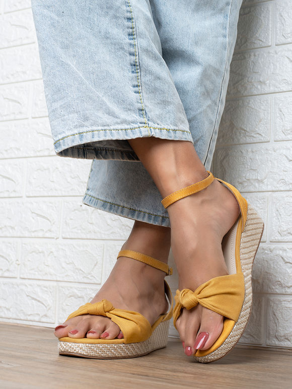 Yellow Handcrafted Faux Leather Wedges